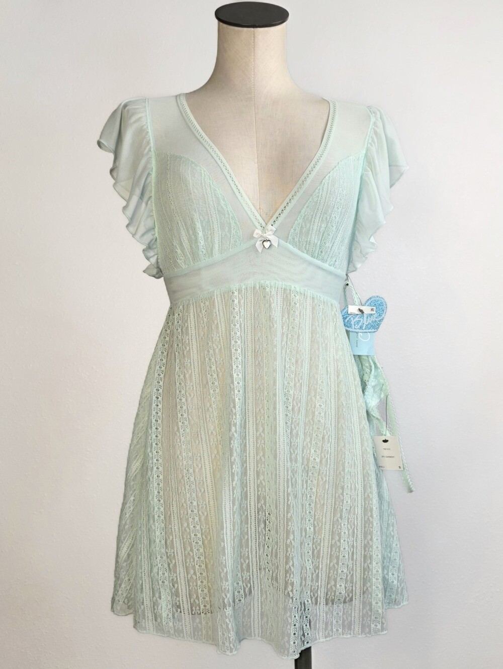 Besty Johnson Baby Doll Sheer Lace Lingerie Mint Green Size Small Bow Coquette